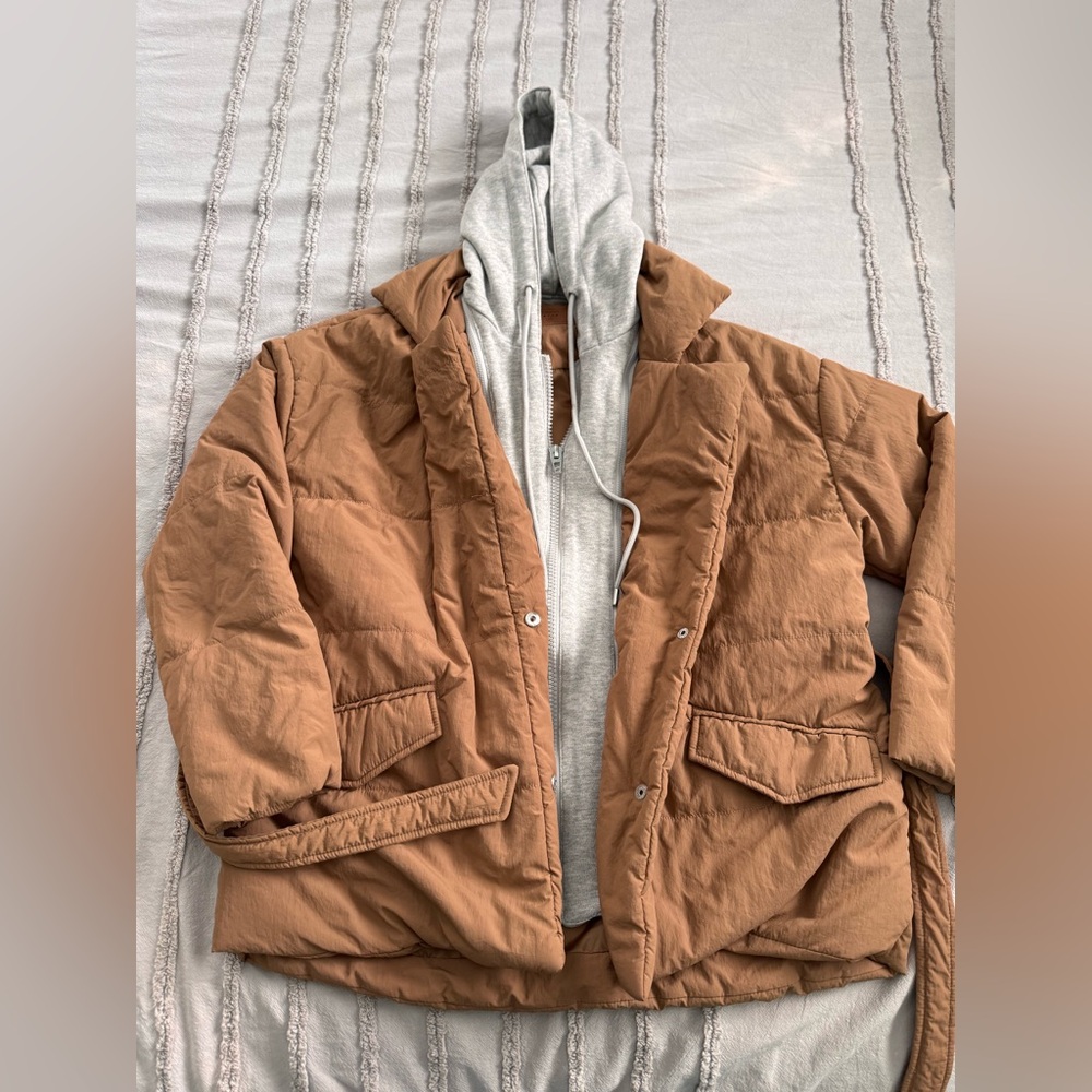 BlankNYC Front Tie Puffer Jacket with Hooded Flannel Insert